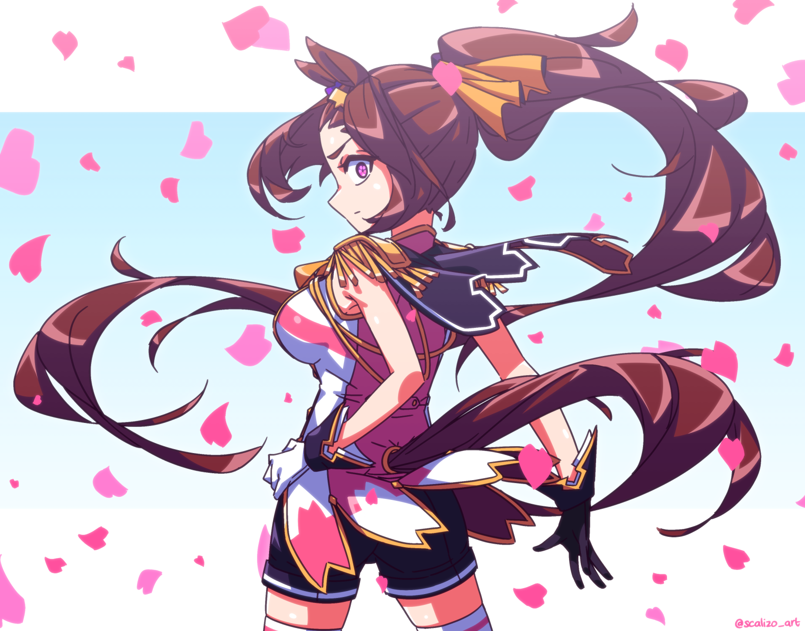 1girl brown_hair highres looking_at_viewer sakura_bakushin_o_(umamusume) scalizo solo umamusume
