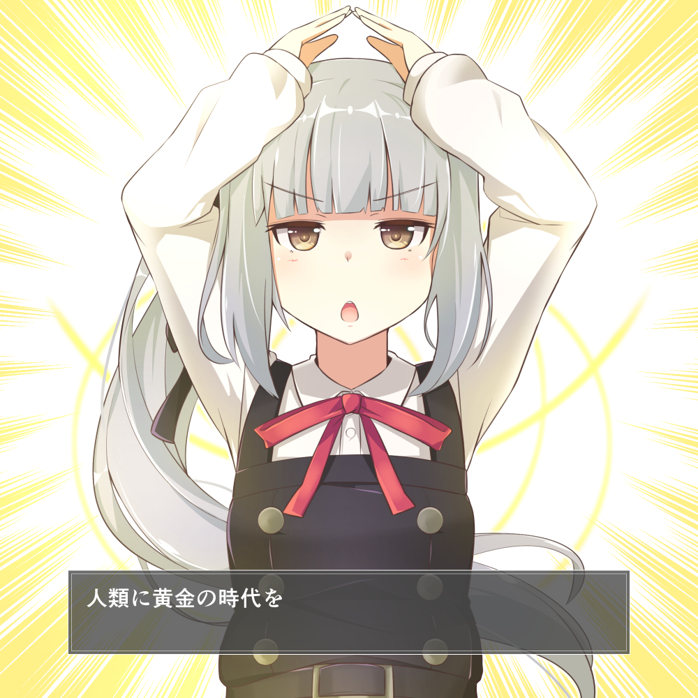 1girl belt belt_buckle black_belt black_dress blush brown_eyes buckle collared_shirt dress grey_hair kantai_collection kasumi_(kancolle) kasumi_kai_ni_(kancolle) long_hair long_sleeves open_mouth pinafore_dress shirt side_ponytail sleeveless_dress solo upper_body utouto white_shirt