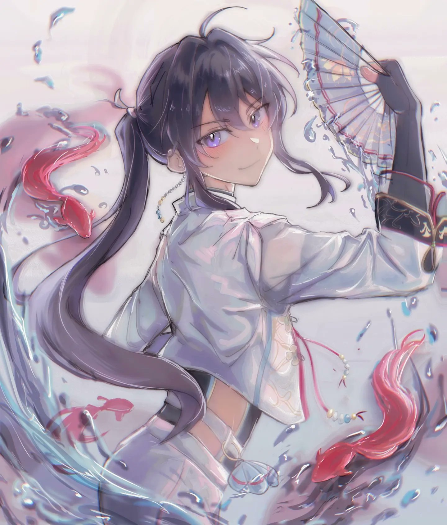 1boy ahoge arched_back arm_up backlighting beads belt black_gloves black_shirt blush closed_mouth clothing_cutout cowboy_shot cropped_jacket earrings elbow_gloves ensemble_stars! fingerless_gloves from_behind gloves hair_between_eyes hair_intakes hand_fan head_tilt highres holding holding_fan jacket jewelry kanzaki_souma koi long_hair looking_at_viewer looking_back motoyui official_alternate_costume pankou pants ponytail purple_eyes purple_hair see-through_clothes see-through_sleeves shirt side_cutout sidelocks smile solo three-quarter_sleeves v-shaped_eyebrows very_long_hair water white_background white_belt white_jacket white_pants whiten_wolf