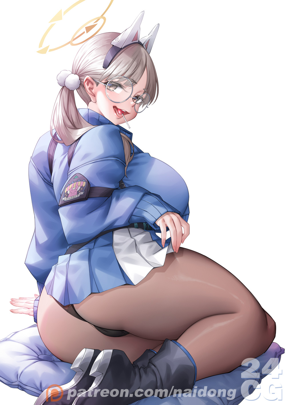 1girl artist_name black_panties black_pantyhose blonde_hair blue_archive blue_jacket blunt_bangs breasts candy food food_in_mouth glasses halo headgear highres jacket large_breasts lifting_own_clothes lollipop looking_at_viewer low_twintails moe_(blue_archive) naidong_(artist) open_mouth panties pantyhose parted_bangs patreon_username sitting solo twintails underwear white_background yellow_eyes yokozuwari
