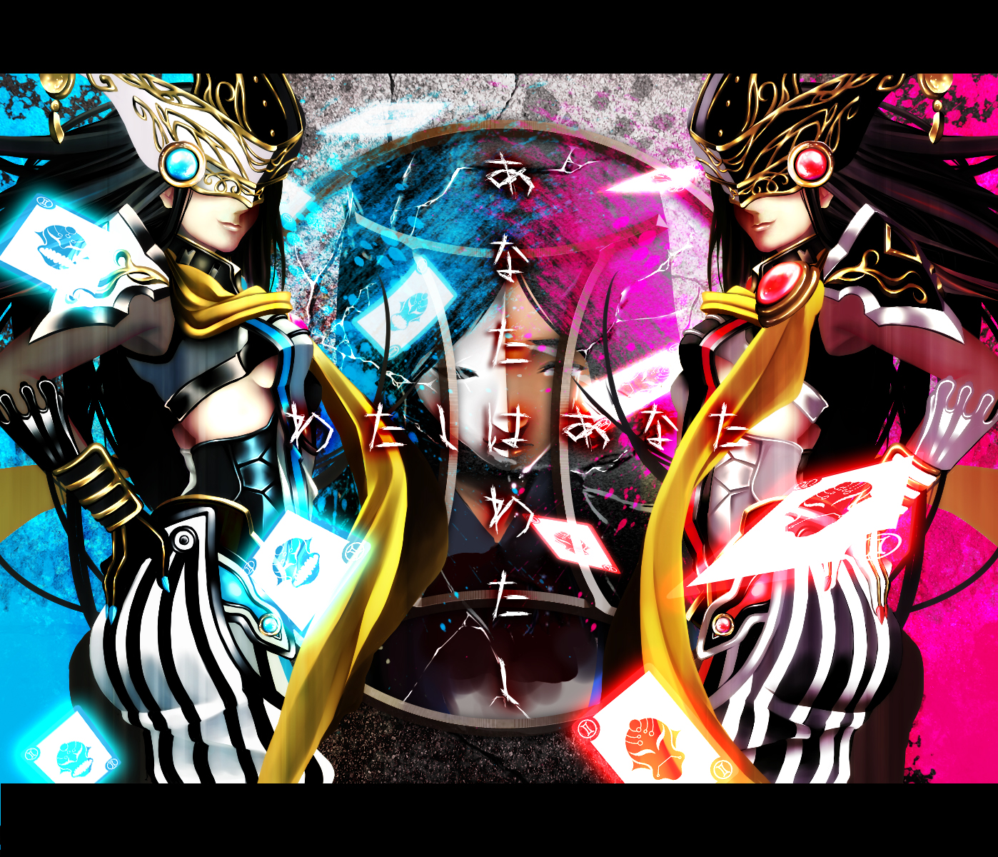 1girl bad_id bad_pixiv_id black_hair breasts card dual_persona gemini_zodiarts gloves hand_on_own_hip highres hip_focus izumi_kazuhira joujima_yuuki kamen_rider kamen_rider_fourze_(series) letterboxed long_hair mask medium_breasts smile translation_request underboob