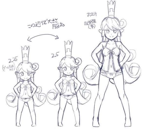 10s 1girl breasts reference_sheet charlotta_(granblue_fantasy) chart child crown female_focus flat_chest granblue_fantasy growth harvin jingai_modoki lingerie long_hair looking_at_viewer medium_breasts monochrome navel panties pointy_ears simple_background size_chart small_breasts smile solo translation_request underwear white_background