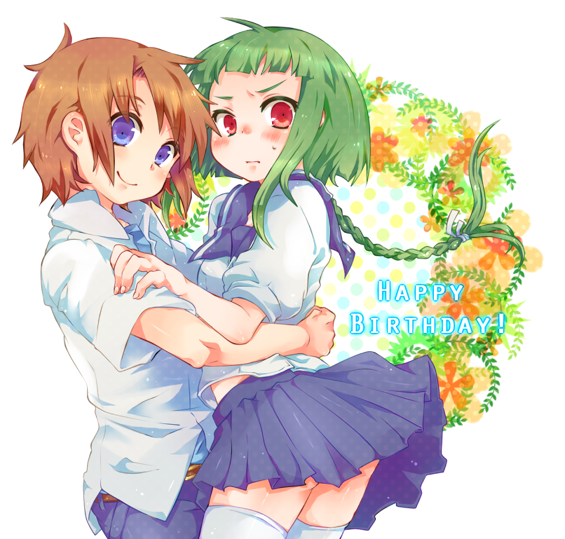 00s 1boy 1girl bad_id bad_pixiv_id blue_eyes blunt_bangs braid brown_hair green_hair hetero hug long_hair multiple_girls my-hime okuzaki_akira red_eyes school_uniform spoilers takamura thighhighs tokiha_takumi white_thighhighs zettai_ryouiki