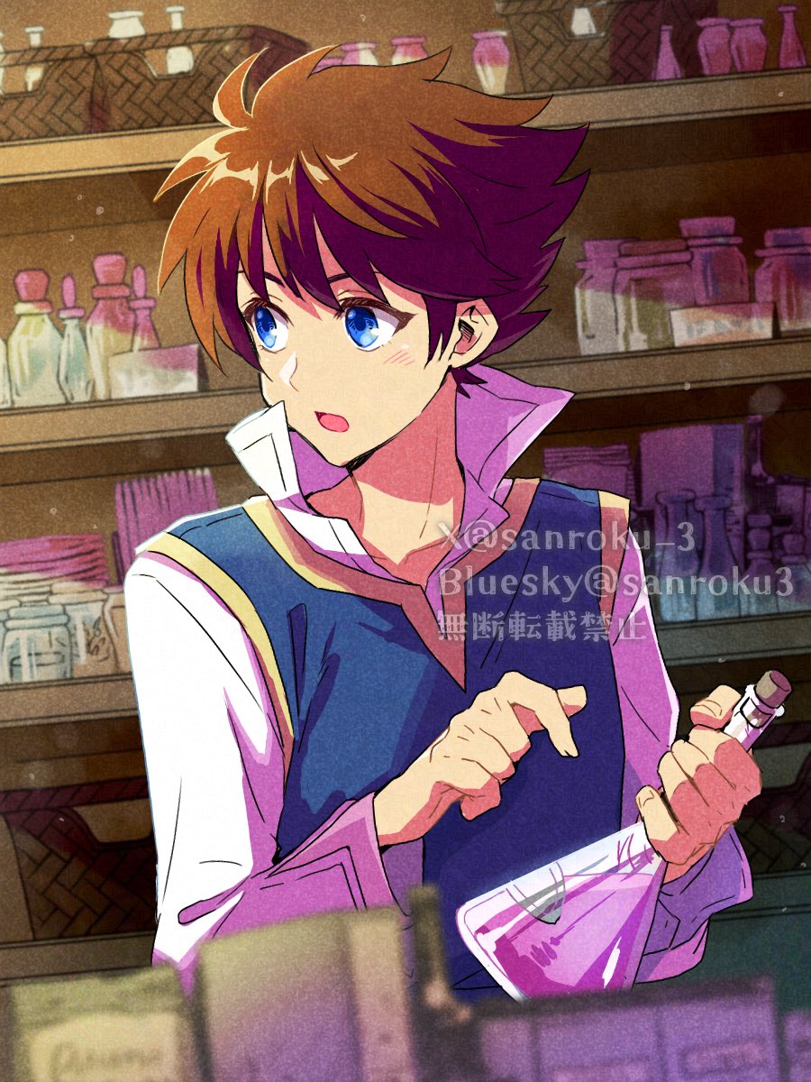 1boy bartz_klauser blue_eyes blue_tunic blurry blurry_foreground bottle brown_hair final_fantasy final_fantasy_v hair_between_eyes highres holding holding_bottle indoors light_blush long_sleeves male_focus open_mouth popped_collar sanroku_3 shirt short_hair solo tunic twitter_username upper_body vial white_shirt