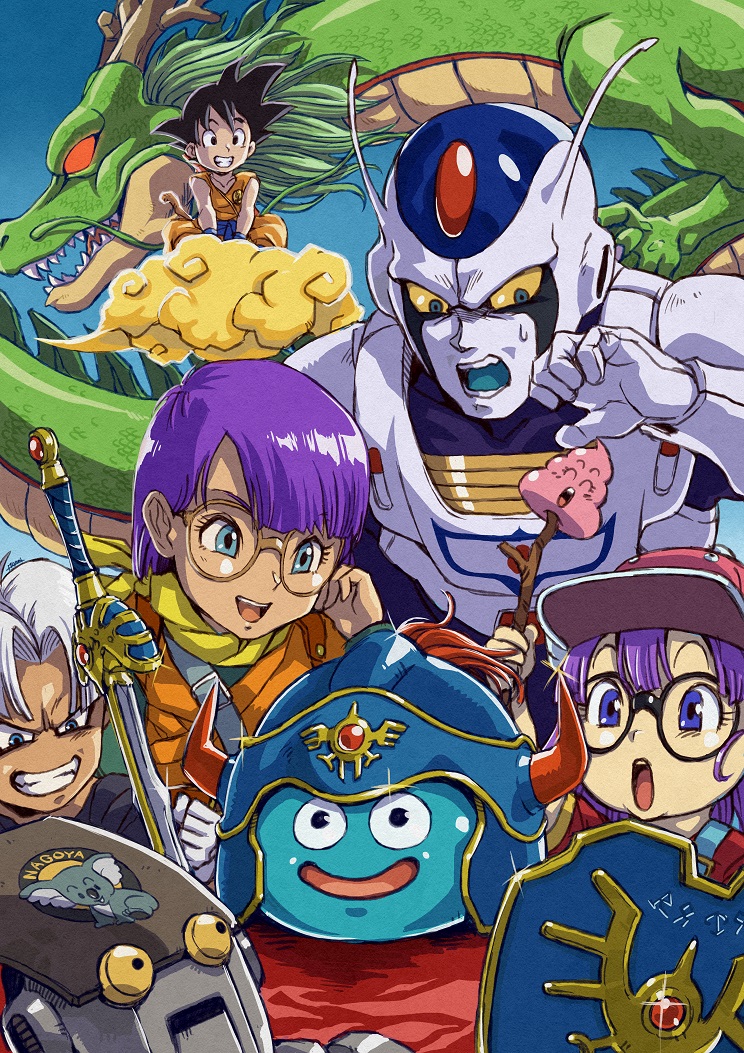 ackman baseball_cap blue_eyes cashman character_request chokin_senshi_kyasshuman chrono_trigger creator_connection crossover dr._slump dragon_ball dragon_ball_(classic) dragon_quest glasses go!_go!_ackman hat helmet hom_(tobal) long_hair lucca_ashtear multiple_boys multiple_girls norimaki_arale open_mouth overalls purple_hair ryon_(yasagure_un) shenron_(dragon_ball) shield short_hair slime_(dragon_quest) smile sword tobal_no._1 weapon