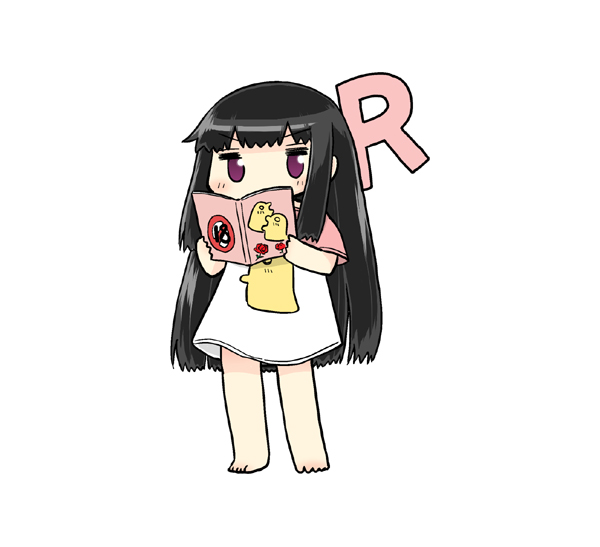 1girl ar_tonelico ar_tonelico_ii barefoot black_hair blush chibi content_rating eyebrows female_focus flower full_body jakuri_(ar_tonelico) long_hair looking_at_viewer oversized_clothes oversized_shirt purple_eyes red_flower red_rose rose serizawa_enono shirt simple_background solo standing white_background white_shirt