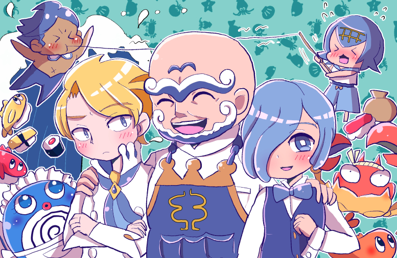 1girl 4boys blonde_hair blue_hair cress_(pokemon) food gen_1_pokemon kofu_(pokemon) krabby lana_(pokemon) marlon_(pokemon) multiple_boys nintendo pokemon pokemon_bw pokemon_bw2 pokemon_sm pokemon_sv pokemon_xy poliwag siebold_(pokemon) sushi tatsugiri tatsugiri_(curly) tatsugiri_(droopy) tatsugiri_(stretchy)