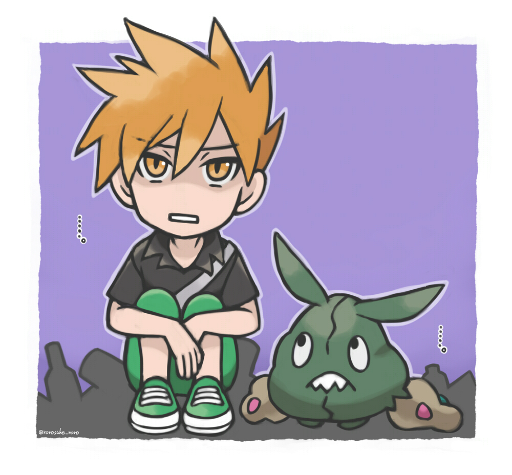 1boy artist_name bad_id bad_pixiv_id bag black_eyes black_shirt blue_oak border collared_shirt full_body gen_5_pokemon green_footwear green_pants knees_up looking_at_another looking_up male_focus matching_hair/eyes nintendo orange_eyes orange_hair outline outside_border own_hands_together pants pokemon pokemon_(creature) pokemon_sm purple_background rorosuke sharp_teeth shirt shoes short_hair short_sleeves shoulder_bag simple_background sitting spiked_hair straight-on teeth trubbish twitter_username white_border