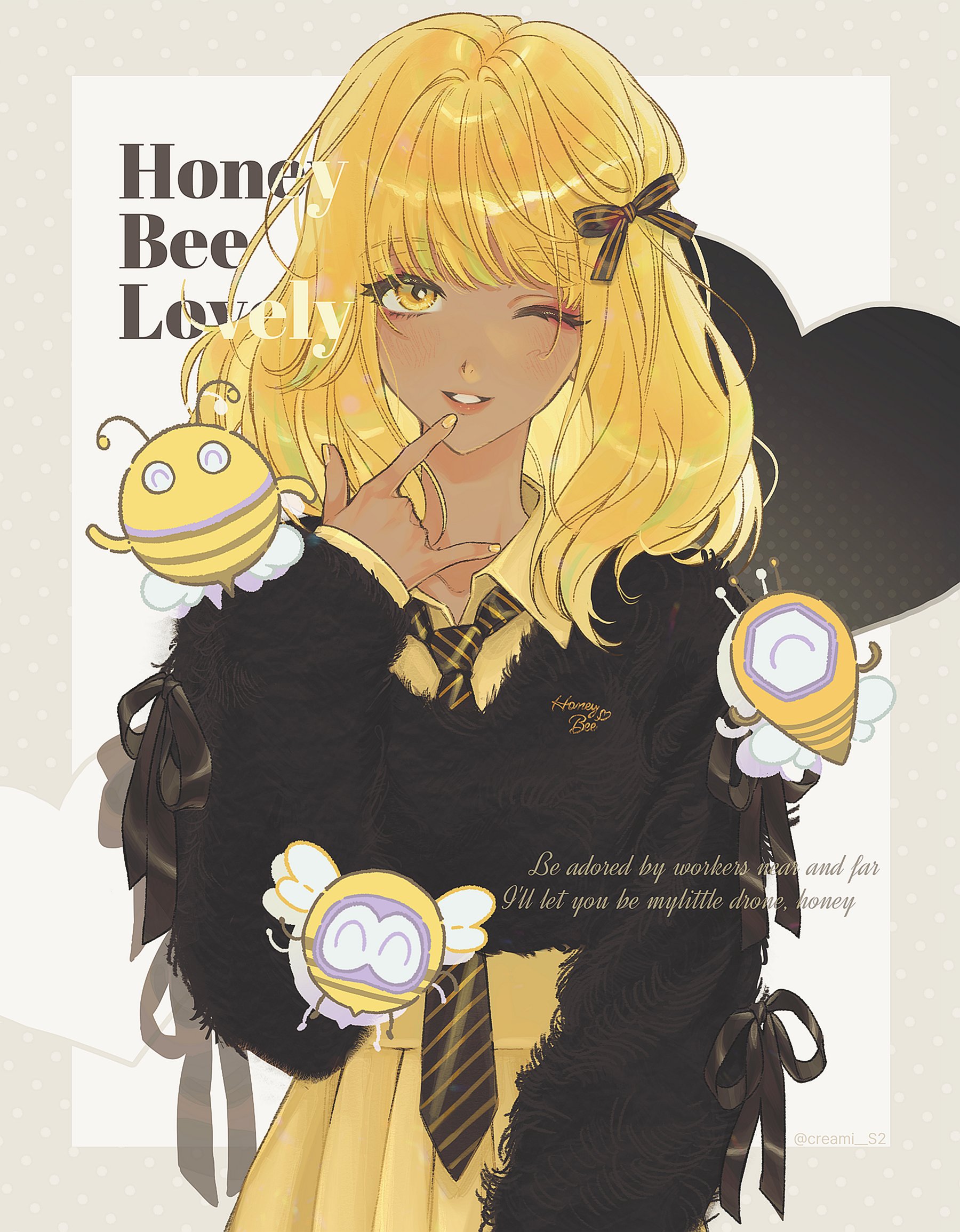 1girl ;) bee black_necktie black_sweater blonde_hair border bow bug character_name creami_s2 final_fantasy final_fantasy_xiv finger_to_own_chin grey_border hair_bow hand_up highres honey_b._lovely hyur insect long_sleeves looking_at_viewer medium_hair nail_polish necktie one_eye_closed outside_border parted_lips simple_background skirt smile solo striped_necktie sweater upper_body w white_background yellow_eyes yellow_nails yellow_skirt