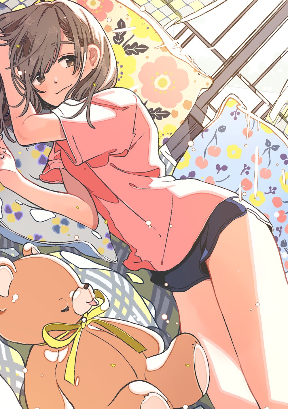 1girl brown_eyes brown_hair highres keishin lying original pillow shirt shorts solo stuffed_animal stuffed_toy t-shirt teddy_bear