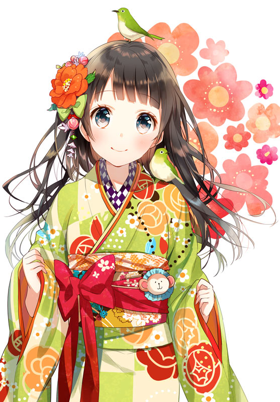 1girl bird black_eyes black_hair blunt_bangs commentary_request female_focus flower hair_flower hair_ornament japanese_clothes kimono long_hair long_sleeves looking_at_viewer obi original sash smile solo wide_sleeves yuzuki_kihiro