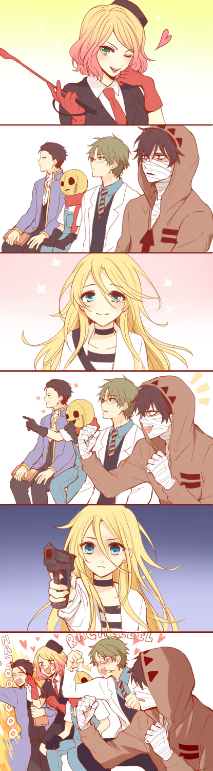 2girls 4boys abraham_gray_(satsuriku_no_tenshi) bandaged_hand bandages black_hair black_hat blonde_hair blue_eyes blush cathy_(satsuriku_no_tenshi) choker coat collared_shirt cross danny_(satsuriku_no_tenshi) eddie_(satsuriku_no_tenshi) gloves green_hair gun hair_between_eyes handgun hat highres hood hooded_jacket isaac_foster jacket long_hair long_sleeves mask meme multiple_boys multiple_girls necktie popped_collar rachel_gardner red_gloves red_necktie satsuriku_no_tenshi shirt short_hair striped_clothes striped_necktie striped_shirt weapon white_coat white_jacket yuli_(yulipo)