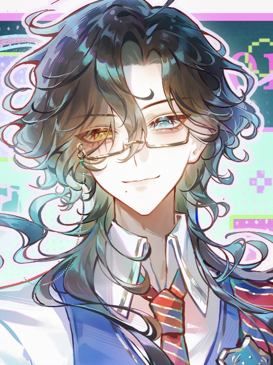 1boy aqua_background bespectacled black_hair blue_cape blue_eyes blue_necktie blue_vest cape chinese_commentary closed_mouth collared_shirt cowlick curtained_hair diagonal-striped_clothes diagonal-striped_necktie eyes_visible_through_hair eyewear_strap facial_mark glasses hair_over_one_eye heart heterochromia highres identity_v light_blush long_sleeves looking_at_viewer male_focus medium_hair mole mole_under_mouth necktie outline pixel_heart portrait red_cape red_necktie richard_sterling school_uniform shirt side_cape smile solo sparkle striped_cape striped_clothes vest white_outline white_shirt yellow_eyes zhumojian