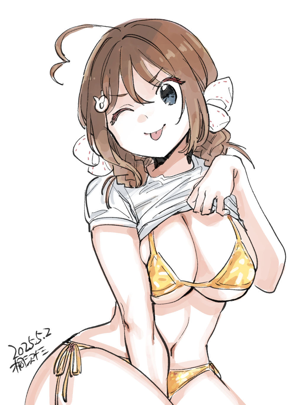1girl ahoge artist_name bikini braid braided_hair_rings breasts brown_hair chougei_(kancolle) cleavage clothes_lift dated gold_bikini grey_eyes hair_ornament hair_ribbon hair_rings highres kantai_collection kirisawa_juuzou large_breasts lifting_own_clothes long_hair one_eye_closed ribbon shirt_lift side-tie_bikini_bottom solo swimsuit tongue tongue_out twin_braids whale_hair_ornament