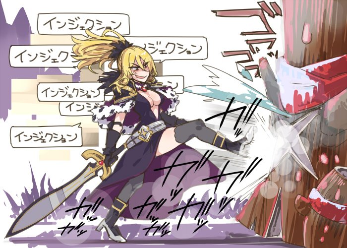 1girl :d black_boots black_dress black_gloves black_thighhighs blonde_hair boots breasts cape capelet center_opening christina_(princess_connect!) cleavage commentary_request double-parted_bangs dress fur-trimmed_capelet fur_trim gameplay_ability gameplay_mechanics gloves hair_between_eyes high_heel_boots high_heels holding holding_sword holding_weapon ito_ryo kicking large_breasts long_hair long_hair_between_eyes open_mouth princess_connect! purple_cape shaded_face smile solo sound_effects speech_bubble sword thighhighs v-shaped_eyebrows weapon