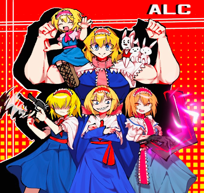 5girls alice_margatroid blonde_hair blue_dress blue_eyes bois_de_justice boots brown_footwear capelet cigarette closed_mouth collared_capelet commentary_request cookie_(touhou) cowboy_shot dies_irae dress flexing frilled_hairband frilled_necktie frilled_sash frills gun hair_over_eyes hairband handgun hinase_(cookie) hitsuji_tamura holding holding_cigarette holding_gun holding_weapon ichigo_(cookie) jigen_(cookie) long_bangs long_sleeves looking_at_viewer multiple_girls muscular muscular_female open_mouth orange_eyes orange_hair red_background red_hairband red_sash revolver sakuranbou_(cookie) sash sharp_teeth shinza_bansho_series short_hair sleeveless sleeveless_dress smile stuffed_animal stuffed_rabbit stuffed_toy taisa_(cookie) teeth touhou waving weapon white_capelet x_mouth