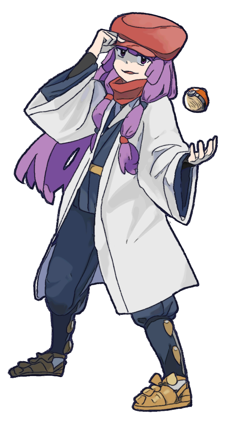 1girl adjusting_clothes adjusting_headwear blue_pants coat commentary_request cookie_(touhou) cosplay full_body highres hisuian_poke_ball layered_clothes leftame long_hair looking_at_viewer nintendo open_mouth pants patchouli_knowledge poke_ball pokemon pokemon_legends:_arceus purple_eyes purple_hair red_headwear red_scarf rei_(pokemon) rei_(pokemon)_(cosplay) scarf simple_background smile solo taisa_(cookie) touhou transparent_background white_coat wide_sleeves
