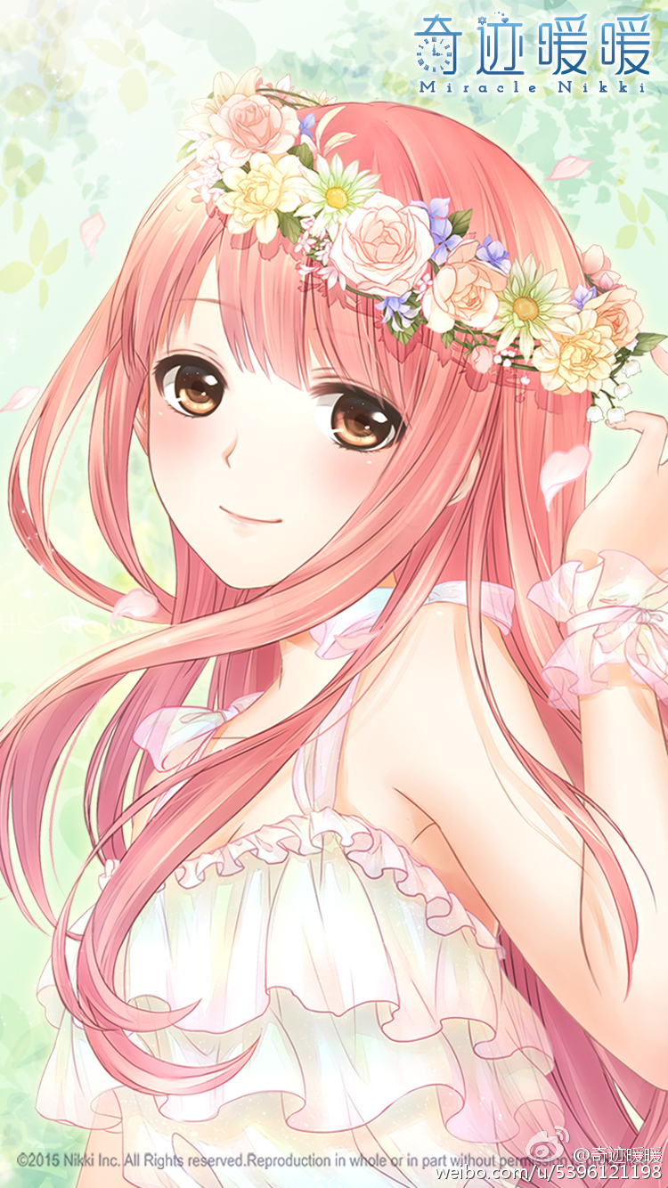 1girl 2015 artist_request bare_shoulders bow breasts brown_eyes cleavage closed_mouth collarbone copyright_name copyright_notice daisy_(flower) dress eyeshadow falling_petals floral_background flower frilled_dress frilled_wrist_cuffs frills green_background hand_in_own_hair head_wreath highres light_blush lips logo long_hair looking_at_viewer makeup miracle_nikki nikki_(nikki) nikki_(series) official_art orange_flower petals pink_eyeshadow pink_flower pink_hair pink_lips pink_rose rose second-party_source see-through_bow shirt sidelocks sleeveless sleeveless_shirt smile solo upper_body white_bow white_dress white_flower white_wrist_cuffs wrist_bow wrist_cuffs yellow_flower