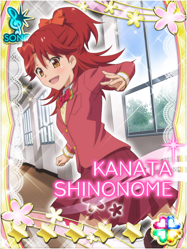 1girl :d akb0048 bow bowtie brown_eyes brown_footwear card_(medium) cardigan character_name dutch_angle foot_out_of_frame hallway heart high_ponytail indoors jacket kneehighs long_hair long_sleeves looking_at_viewer looking_back multicolored_bow multicolored_bowtie non-web_source official_art open_mouth pleated_skirt ponytail red_hair red_jacket red_skirt running school school_uniform shinonome_kanata shirt skirt smile socks solo sparkle star_(symbol) twisted_torso white_shirt white_socks window yellow_cardigan