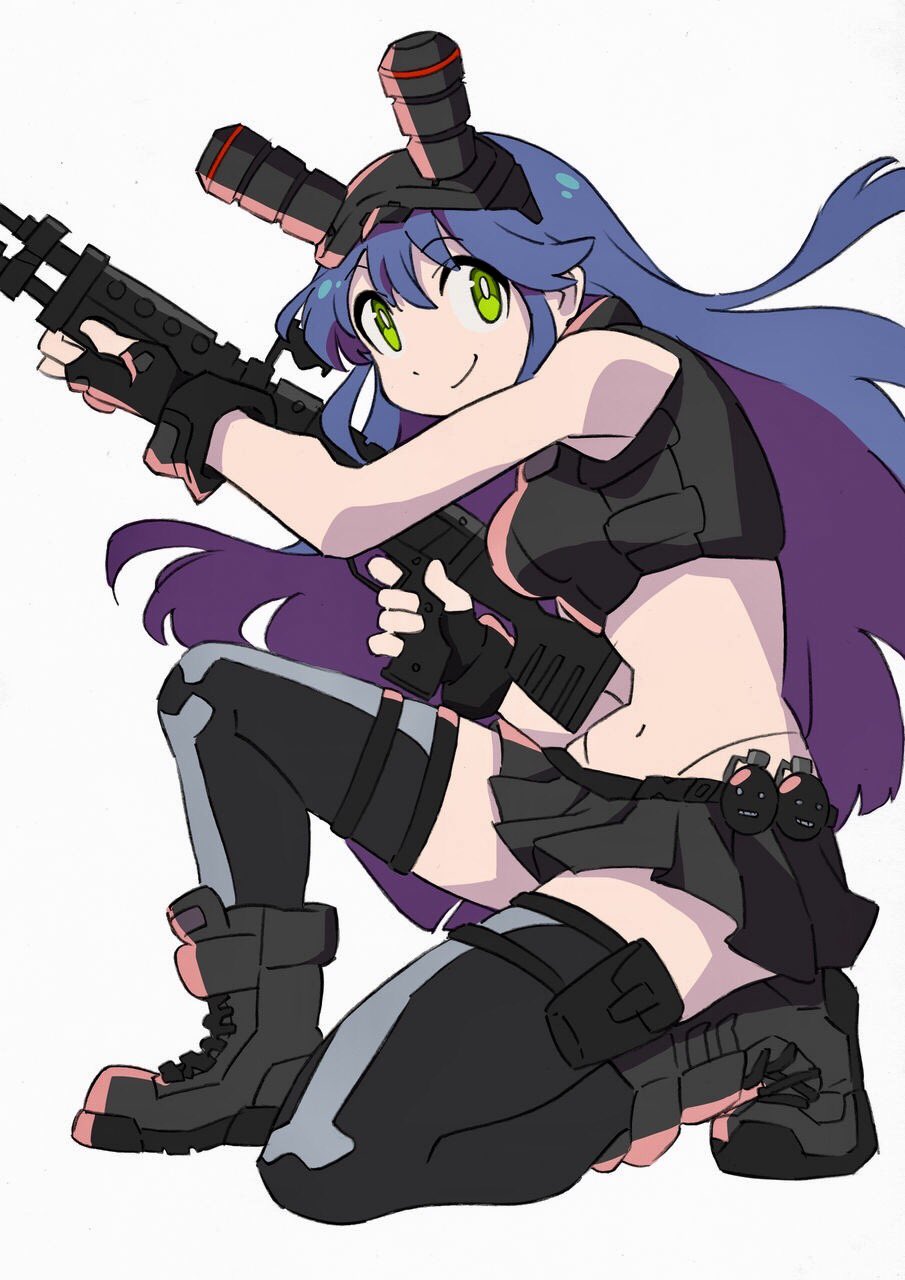 1girl arai_hiroki blue_hair boots combat_boots explosive female_focus fingerless_gloves frag_(trigger) gloves green_eyes grenade gun highres holding holding_gun holding_weapon long_hair midriff miniskirt muzzle_(trigger) night-vision_device on_one_knee pleated_skirt pouch skirt solo thighhighs trigger_(company) weapon white_background