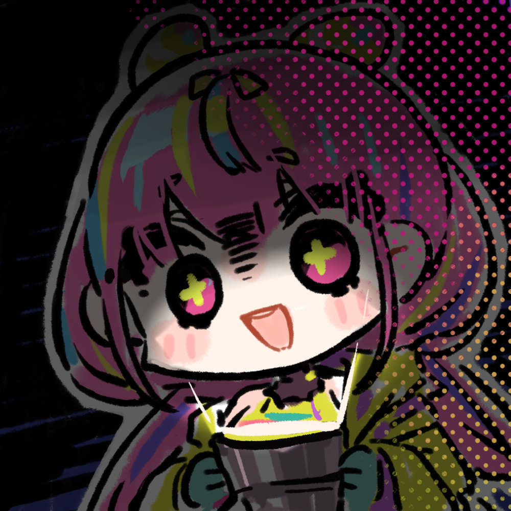 1girl :d blonde_hair blue_hair blush_stickers chibi chibi_only chinese_commentary cui_pi_zha_xia_qiu flashlight girls&#039;_frontline girls&#039;_frontline_neural_cloud halftone official_art open_mouth pink_eyes pink_hair puzzle_(neural_cloud) second-party_source smile solo star-shaped_pupils star_(symbol) symbol-shaped_pupils