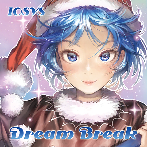 1girl album_cover black_dress blue_eyes blue_hair book circle_name close-up cover doremy_sweet dress english_text fur_collar game_cg hat iosys matsuda_(matsukichi) nightcap official_art pom_pom_(clothes) red_hat short_hair smile solo sparkle_background touhou touhou_cannonball upper_body very_short_hair