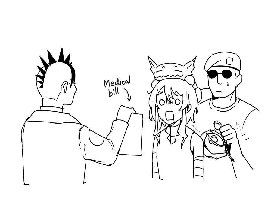 1boy 2girls animal animal_on_head arrow_(symbol) beret bottle_cap closed_mouth collared_shirt commentary courier_(fallout:_new_vegas) craig_boone english_commentary english_text fallout fallout:_new_vegas gecko greyscale hat holding julie_farkas lab_coat milramemo monochrome multiple_girls noelle_(milramemo) o_o on_head open_mouth rectangular_mouth shirt simple_background sleeveless sleeveless_shirt small_sweatdrop sunglasses sweat turn_pale upper_body white_background