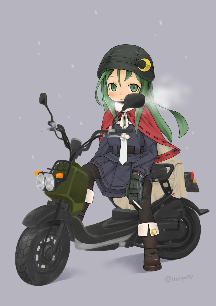 1girl black_hat black_pantyhose black_sailor_collar black_serafuku black_skirt boots breath brown_boots cigarette closed_mouth crescent crescent_hat_ornament crescent_pin gloves green_eyes green_hair grey_background harukaze_unipo hat hat_ornament holding holding_cigarette honda honda_ruckus kantai_collection long_hair long_sleeves motor_vehicle nagatsuki_(kancolle) neckerchief on_scooter pantyhose sailor_collar santa_hat school_uniform scooter serafuku simple_background sitting skirt smoke smoking snowing solo white_neckerchief