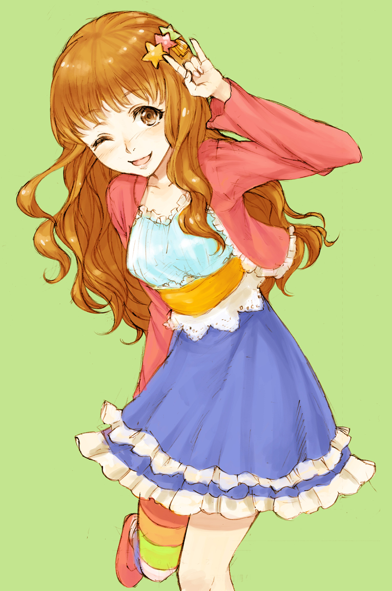 1girl blush brown_eyes brown_hair commentary_request hair_ornament haruhito_(divineshalt) idolmaster idolmaster_cinderella_girls long_hair looking_at_viewer moroboshi_kirari one_eye_closed single_thighhigh skirt smile solo star_(symbol) star_hair_ornament thighhighs wavy_hair