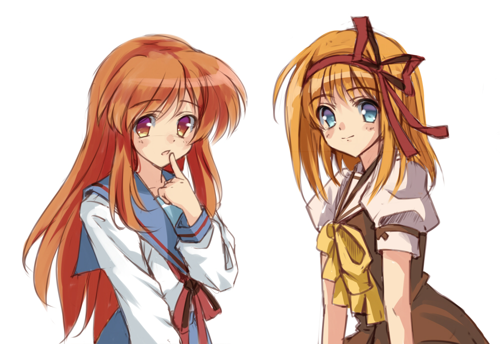 2girls arm_at_side asahina_mikuru blue_eyes blue_sailor_collar blush bow brown_dress brown_eyes closed_mouth commentary crossover dress fuyou_kaede hair_between_eyes hair_ribbon hand_up index_finger_raised long_hair longmei_er_de_tuzi looking_at_viewer medium_hair multiple_girls open_mouth orange_hair puffy_short_sleeves puffy_sleeves red_ribbon retro_artstyle ribbon sailor_collar school_uniform serafuku shirt short_sleeves shuffle! side-by-side simple_background smile straight_hair suzumiya_haruhi_no_yuuutsu tareme upper_body very_long_hair white_background white_sailor_collar white_shirt yellow_bow