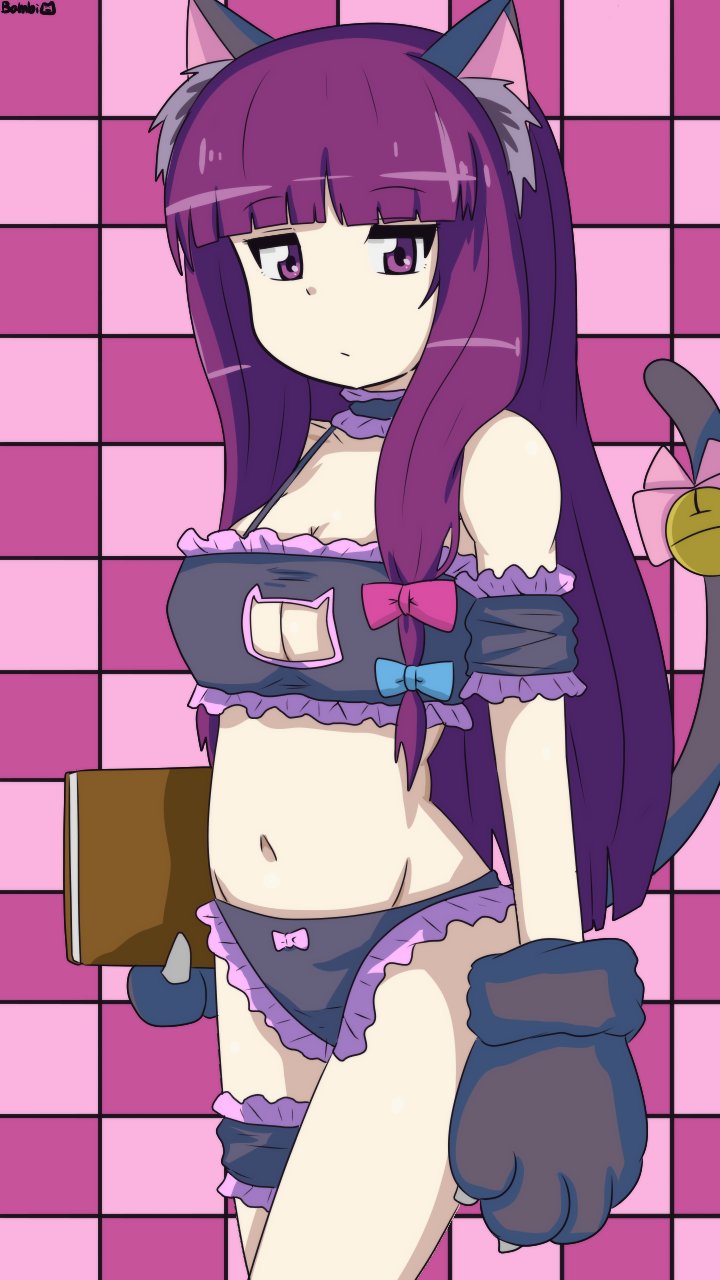 1girl animal_ears animal_hands arm_strap bambi2000line bell black_bra black_choker black_panties blunt_bangs book bow bow_panties bra breasts cat_cutout cat_ears cat_lingerie cat_tail checkered_background choker cleavage cleavage_cutout clothing_cutout commentary_request cosplay cowboy_shot expressionless frilled_bra frilled_choker frilled_panties frills gloves hair_bow highres holding holding_book jingle_bell large_breasts low-tied_sidelocks meme_attire onii-chan_wa_oshimai! oyama_mahiro oyama_mahiro_(cosplay) panties patchouli_knowledge paw_gloves purple_eyes purple_hair sidelocks solo tail tail_bell tail_bow tail_ornament thigh_strap touhou underwear