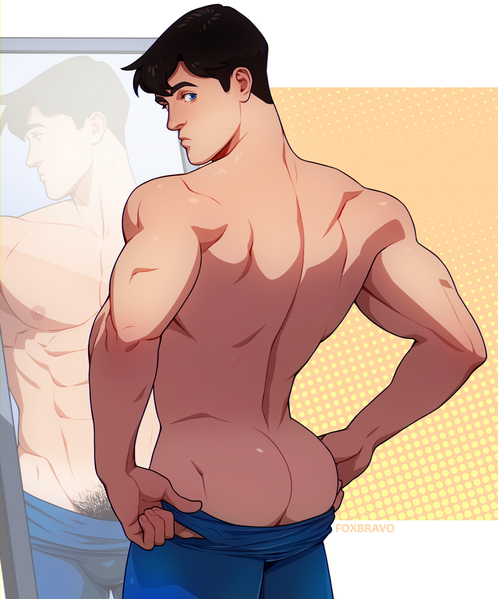 1boy ass back bara black_hair blue_eyes blue_pants butt_crack clark_kent closed_mouth dc_comics dressing fox_bravo highres male_focus male_pubic_hair mirror mirror_image muscular muscular_male my_adventures_with_superman pants pants_lift pubic_hair short_hair solo superman_(series) topless_male