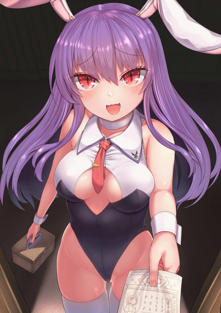 1girl animal_ears bare_shoulders black_dress blush braid breasts bunny_day carrot_necklace choker collar collared_shirt dress hair_between_eyes hand_up harunoha highres jewelry leotard long_hair looking_at_viewer medium_breasts necklace necktie open_mouth paper playboy_bunny purple_hair rabbit_ears red_eyes red_necktie reisen_udongein_inaba shirt smile solo standing thighhighs touhou white_choker white_dress white_necktie white_thighhighs wrist_cuffs