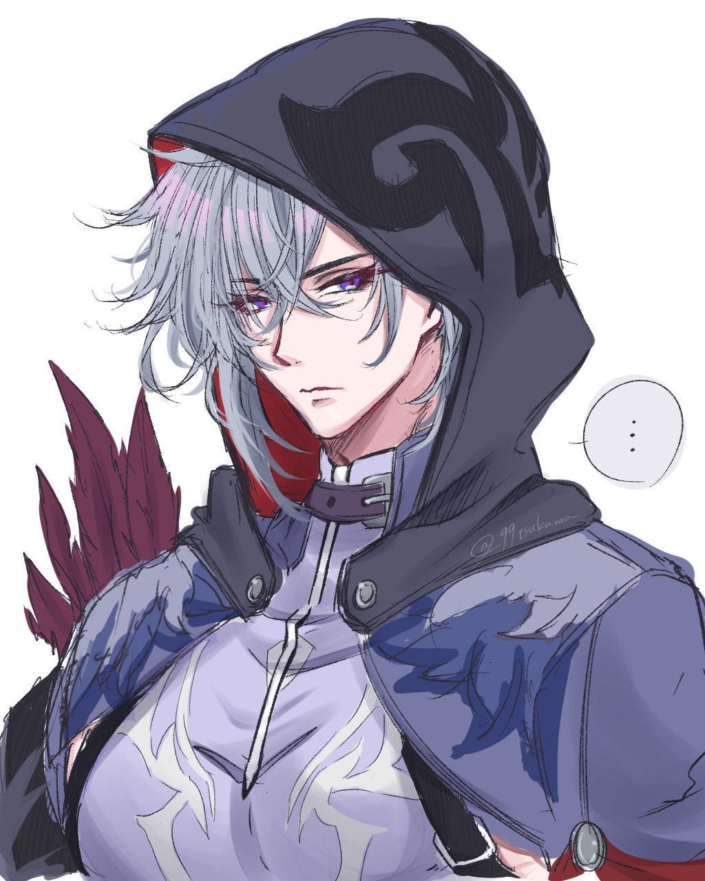 ... 1boy 99tsukumo asymmetrical_hair belt_buckle belt_collar buckle closed_mouth collar commentary_request compression_shirt cropped_jacket crossed_bangs grey_hair hair_between_eyes highres honkai:_star_rail honkai_(series) hood hood_up looking_to_the_side male_focus moze_(honkai:_star_rail) plume purple_eyes purple_shirt shirt sideways_glance simple_background sketch solo speech_bubble spoken_ellipsis two-sided_hood upper_body white_background