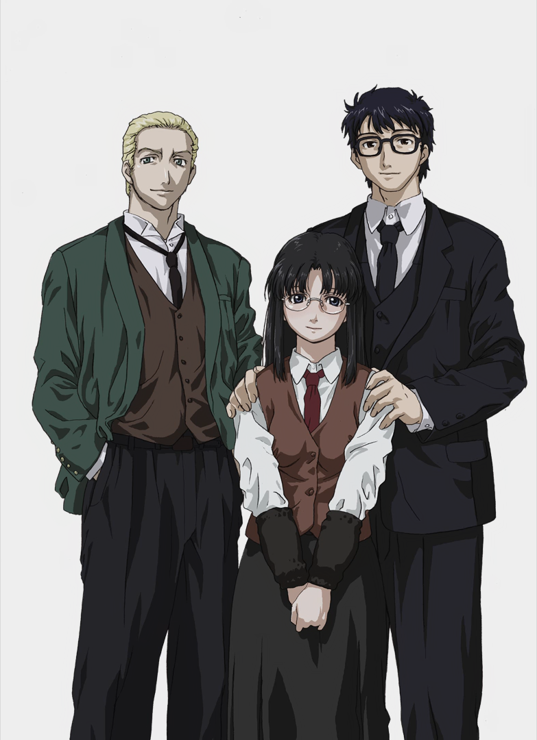 1girl 2boys black-framed_eyewear black_hair black_suit blonde_hair brown_vest formal_clothes glasses green_suit hands_in_pockets hands_on_another&#039;s_shoulders joseph_carpenter multiple_boys necktie non-web_source official_art read_or_die shirt smile suit uon_taraku vest white_shirt yomiko_readman