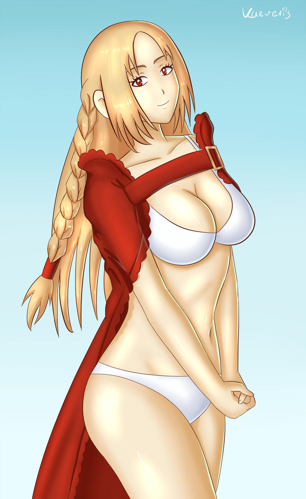 1girl bikini blonde_hair braid final_fantasy final_fantasy_tactics highres kaeveris looking_at_viewer ovelia_atkascha red_eyes simple_background solo swimsuit white_bikini