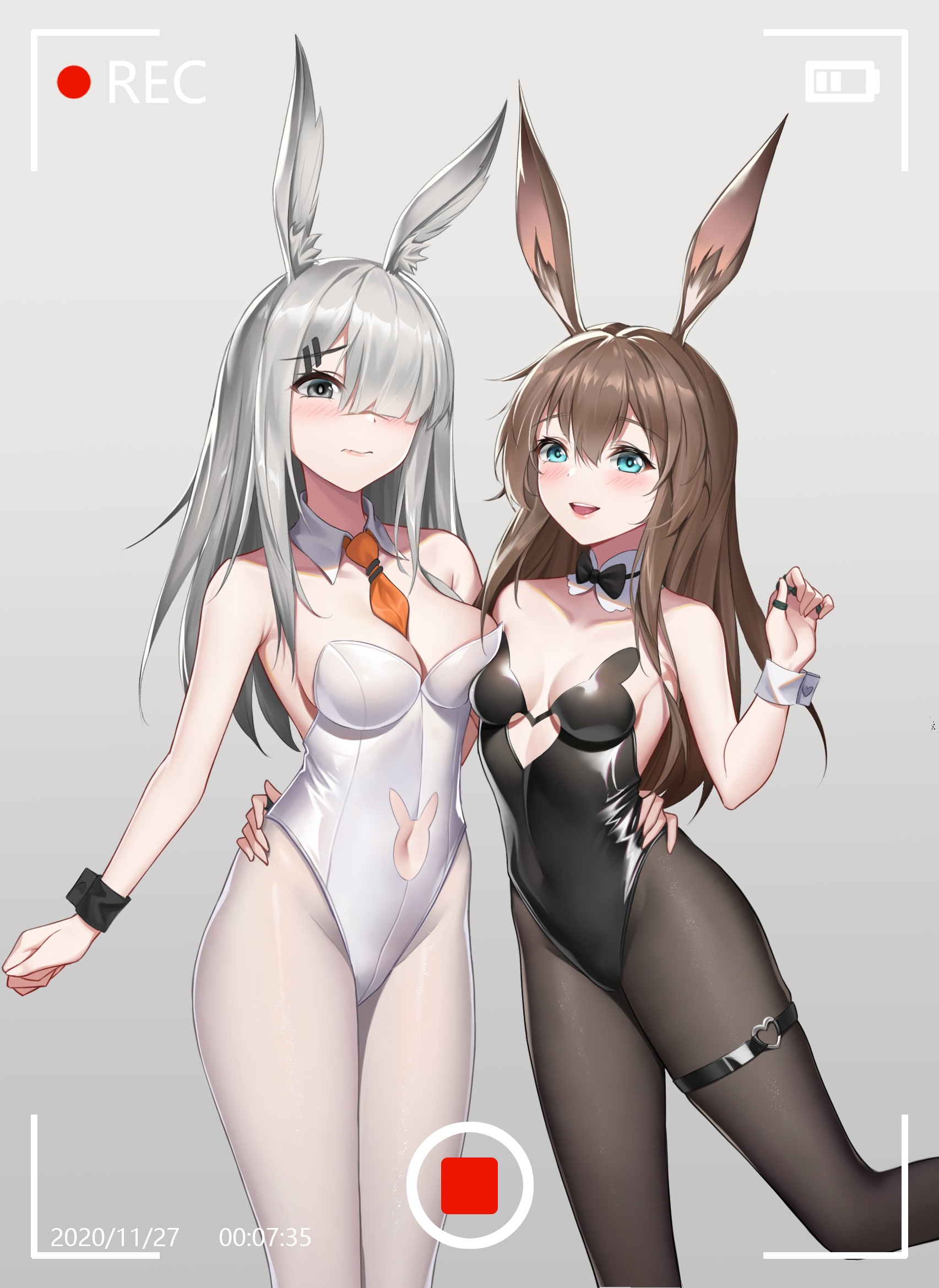 2girls :d amiya_(arknights) animal_band animal_ears arknights battery_indicator black_legwear black_leotard black_neckwear bow bowtie breasts brown_hair chinese_commentary clothing_cutout commentary_request dated detached_collar fake_animal_ears frostnova_(arknights) green_eyes grey_background grey_eyes hair_over_one_eye heart heart_cutout heart_o-ring highres kurosara leotard long_hair looking_at_viewer medium_breasts mixed-language_commentary multiple_girls navel_cutout necktie o-ring open_mouth pantyhose playboy_bunny rabbit_cutout rabbit_ears rabbit_girl rabbit_tail recording silver_hair simple_background small_breasts smile standing strapless strapless_leotard tail thigh_strap traditional_bowtie underboob_cutout white_legwear white_leotard wrist_cuffs yellow_neckwear