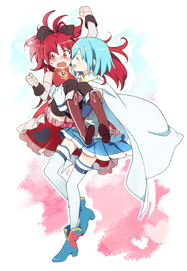 10s 2girls black_thighhighs blonde_hair blue_hair blush cape carrying closed_eyes gloves heart long_hair magical_girl mahou_shoujo_madoka_magica mahou_shoujo_madoka_magica_(anime) miki_sayaka miki_sayaka_(magical_girl) multiple_girls ponytail princess_carry red_eyes red_hair saku_(pixiv526117) sakura_kyoko sakura_kyoko_(magical_girl) short_hair smile thighhighs white_gloves white_thighhighs yuri