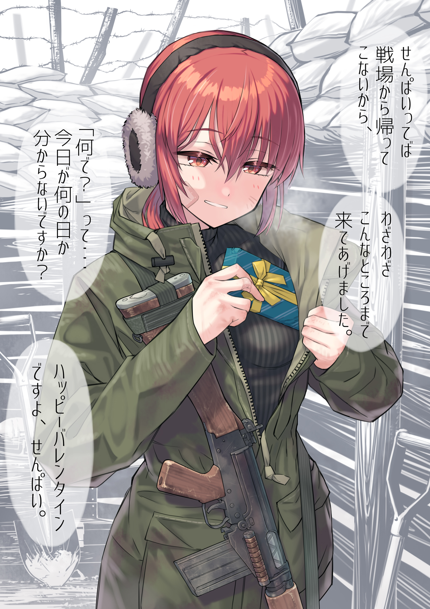 1girl barbed_wire battle_rifle black_sweater box breasts breath coat commentary_request earmuffs fn_fal green_coat gun hair_between_eyes highres holding holding_box long_hair long_sleeves looking_down medium_breasts open_clothes open_coat open_mouth original outdoors red_eyes red_hair rifle samaru_(seiga) sandbag shovel smile solo speech_bubble sweater translation_request trench turtleneck turtleneck_sweater upper_body weapon