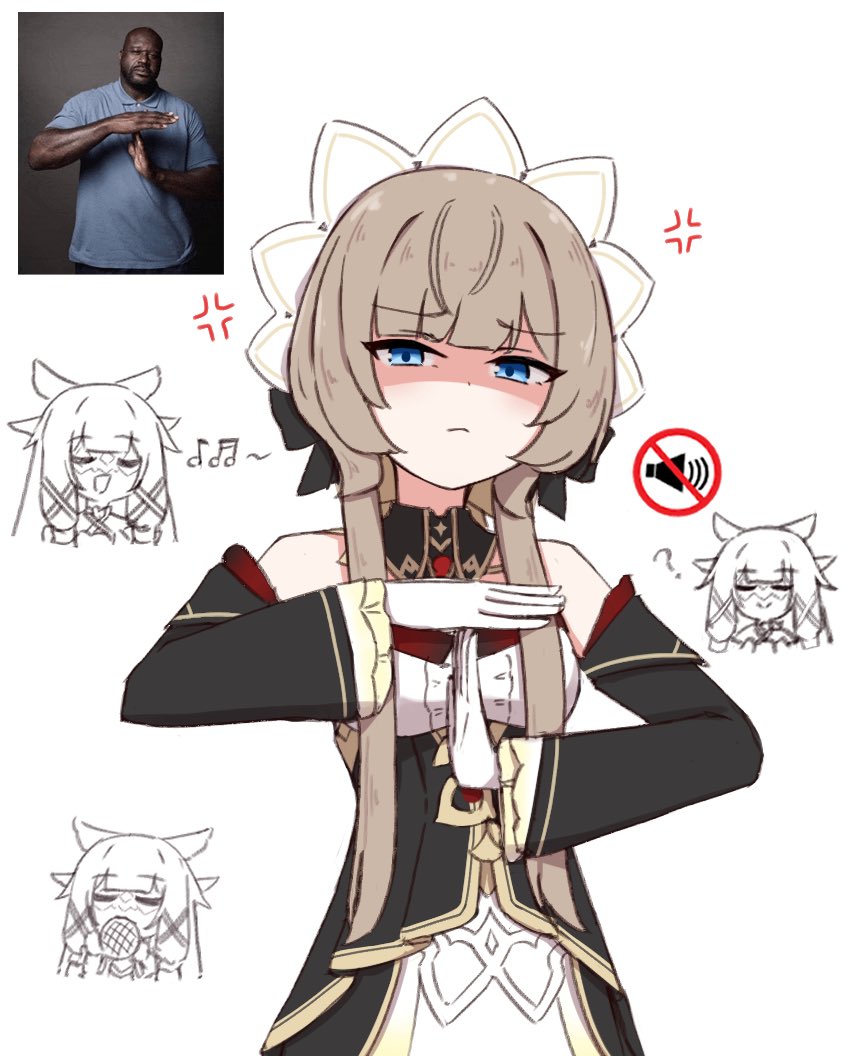 2girls anger_vein bare_shoulders blue_eyes blunt_bangs bread brown_hair chibi chirun0 closed_eyes closed_mouth columbina_(genshin_impact) commentary detached_sleeves dress emoji eye_mask food genshin_impact gloves hair_ornament head_wings headdress long_hair long_sleeves looking_at_viewer mask melon_bread meme multiple_girls musical_note reference_inset sandrone_(genshin_impact) shaq_timeout_(meme) short_hair_with_long_locks symbol-only_commentary white_background white_gloves wings x_hair_ornament