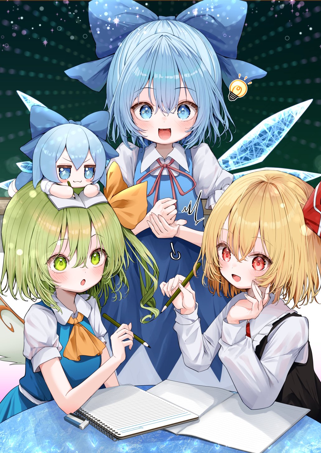 3girls :3 :d :o ascot binder black_vest blue_bow blue_dress blue_eyes blue_skirt blue_vest bow cirno collared_shirt commentary_request daiyousei dress eraser fairy_wings frilled_shirt_collar frills fumo_(doll) green_background green_eyes hair_between_eyes hair_bow hair_ribbon highres holding holding_pencil ice ice_wings light_bulb long_hair long_sleeves mikan_(manmarumikan) multiple_girls neck_ribbon notebook on_head open_mouth pencil puff_of_air puffy_short_sleeves puffy_sleeves red_eyes red_ribbon ribbon rumia shirt short_hair short_sleeves skirt smile touhou vest white_shirt wings yellow_ascot yellow_background