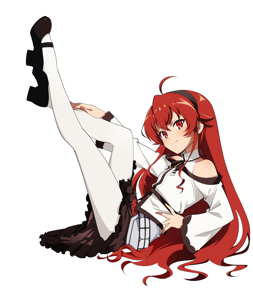 1girl anko_koubou bare_shoulders black_hairband blush breasts bunching_hair dress eris_greyrat hair_between_eyes hairband headband legs light_blush long_hair long_sleeves looking_at_viewer mushoku_tensei neck_ribbon pantyhose red_eyes red_hair ribbon sidelocks signature simple_background skirt smile solo thick_eyebrows very_long_hair white_background white_dress