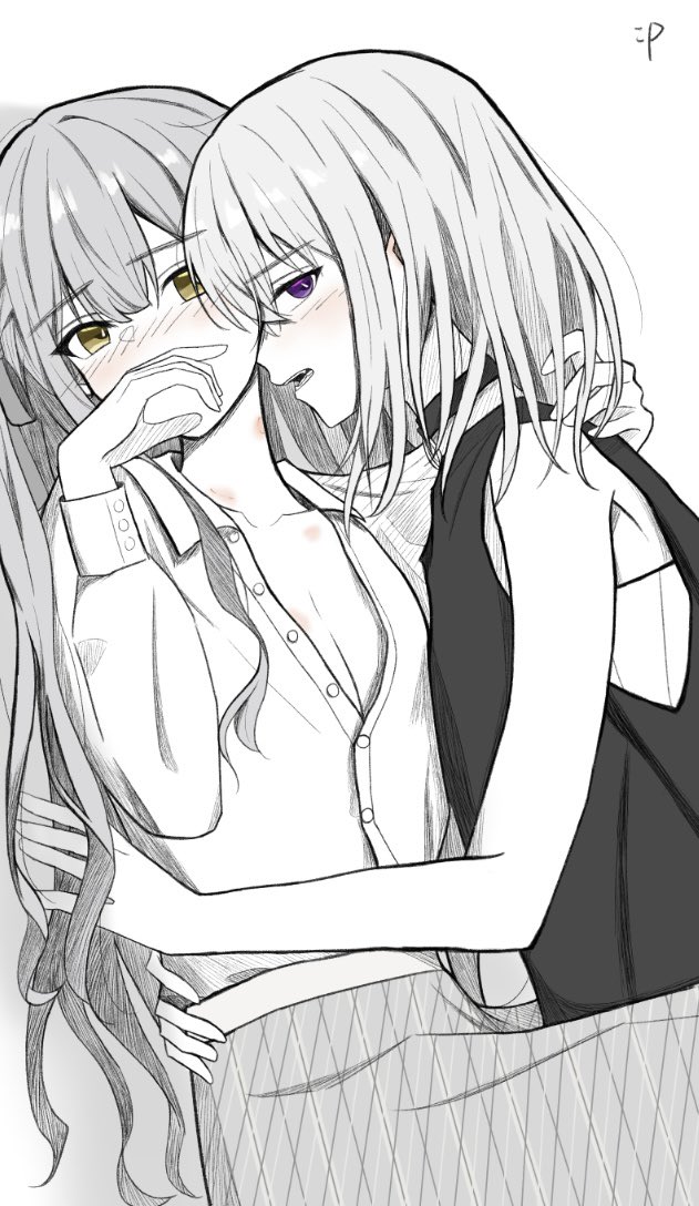 2girls bang_dream! bang_dream!_it&#039;s_mygo!!!!! blush breasts chinese_commentary choker cleavage commentary_request greyscale hickey long_hair looking_at_viewer medium_hair misumi_uika momokan_1209 monochrome multiple_girls partially_unbuttoned shirt sleeveless sleeveless_shirt spot_color togawa_sakiko yellow_eyes yuri