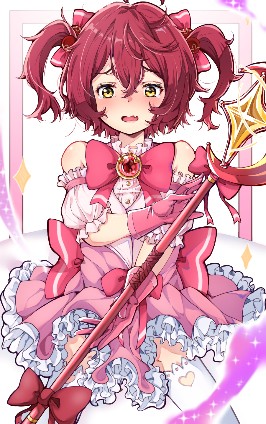 1girl alternate_costume alternate_hairstyle aokaly bare_shoulders blush bow bowtie clothing_cutout commentary_request dress feet_out_of_frame frilled_dress frills gloves hair_between_eyes hair_bow highres holding holding_staff knees_together_feet_apart komari_chika looking_at_viewer mage_staff magical_girl make_heroine_ga_oo_sugiru! medium_hair open_mouth pink_bow pink_bowtie pink_brooch pink_dress pink_gloves red_hair shoulder_cutout solo staff standing two-tone_dress two_side_up white_dress yellow_eyes