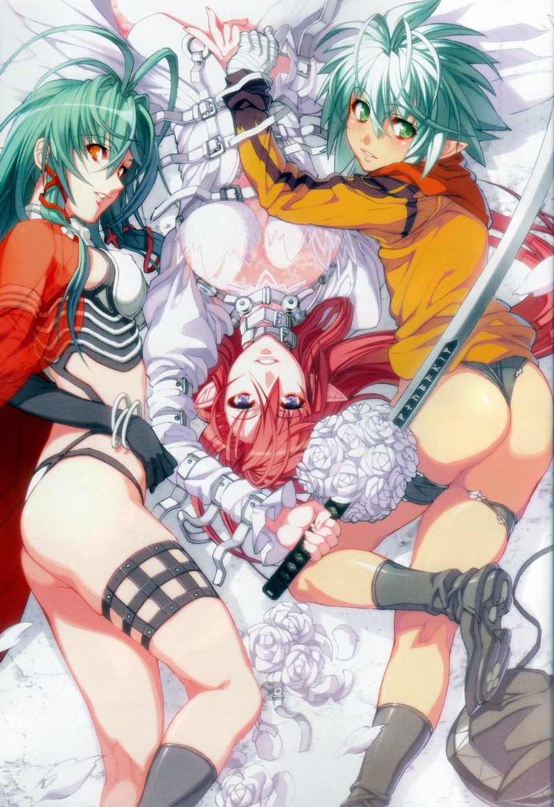 3girls animal_hat antenna_hair ass bandages bed black_gloves boots bouquet bracelet breasts cape cleavage denim denim_shorts dress elbow_gloves flower from_above gloves green_eyes green_hair hair_ribbon hanawa_momiji hat holding holding_hands holding_weapon ignis_(jingai_makyou) jewelry jingai_makyou kaze_no_ushiro_wo_ayumumono_(kazeko) kneepits large_breasts legs long_hair looking_at_viewer looking_back lying multiple_girls nishii_(damnedrive) non-web_source on_back on_side on_stomach panties pointy_ears purple_eyes red_hair ribbon rose see-through_clothes shorts smile sword thigh_strap thong underwear very_long_hair weapon wedding_dress white_flower white_hair white_rose yellow_eyes