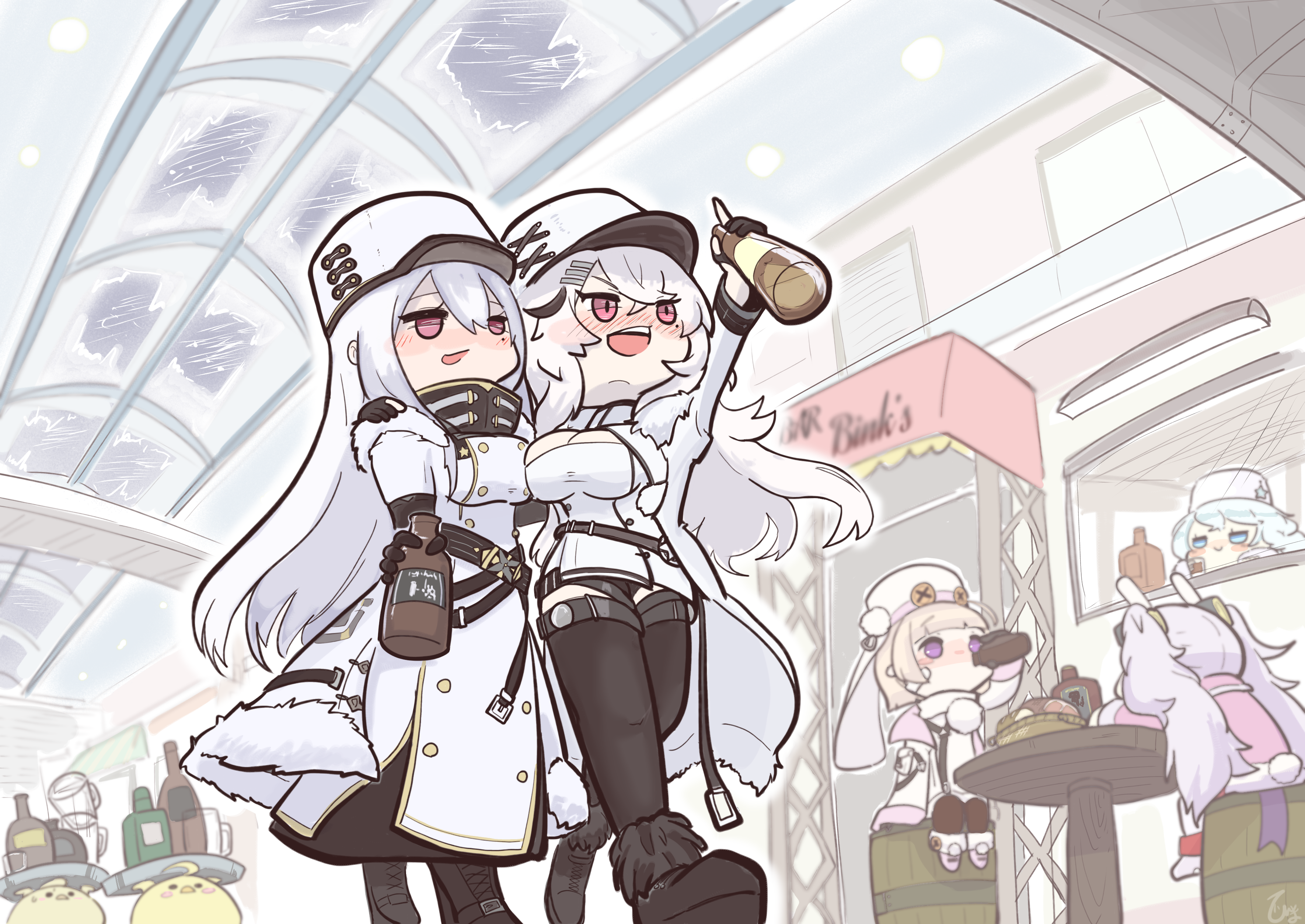 5girls absurdres animal_ears avrora_(azur_lane) azur_lane barrel black_footwear blue_eyes blush boots bottle breasts button_eyes buttons chibi cleavage cleavage_cutout clothing_cutout coat coat_dress commentary_request cross-laced_footwear double-breasted dress drinking drunk fake_animal_ears fake_tail from_below full_body fur-trimmed_boots fur-trimmed_coat fur_hat fur_trim gangut_(azur_lane) grozny_(azur_lane) hair_between_eyes hairband hat highres himajin_(fd_jin) holding holding_bottle holding_tray indoors jacket laffey_(azur_lane) large_breasts long_hair mall manjuu_(azur_lane) military_hat multiple_girls nose_blush open_mouth pink_jacket purple_eyes rabbit_ears rabbit_tail red_eyes sidelocks sitting sovetskaya_rossiya_(azur_lane) standing tail teeth thighhighs tray twintails upper_teeth_only white_coat white_hair white_headwear white_thighhighs white_uniform winter_clothes