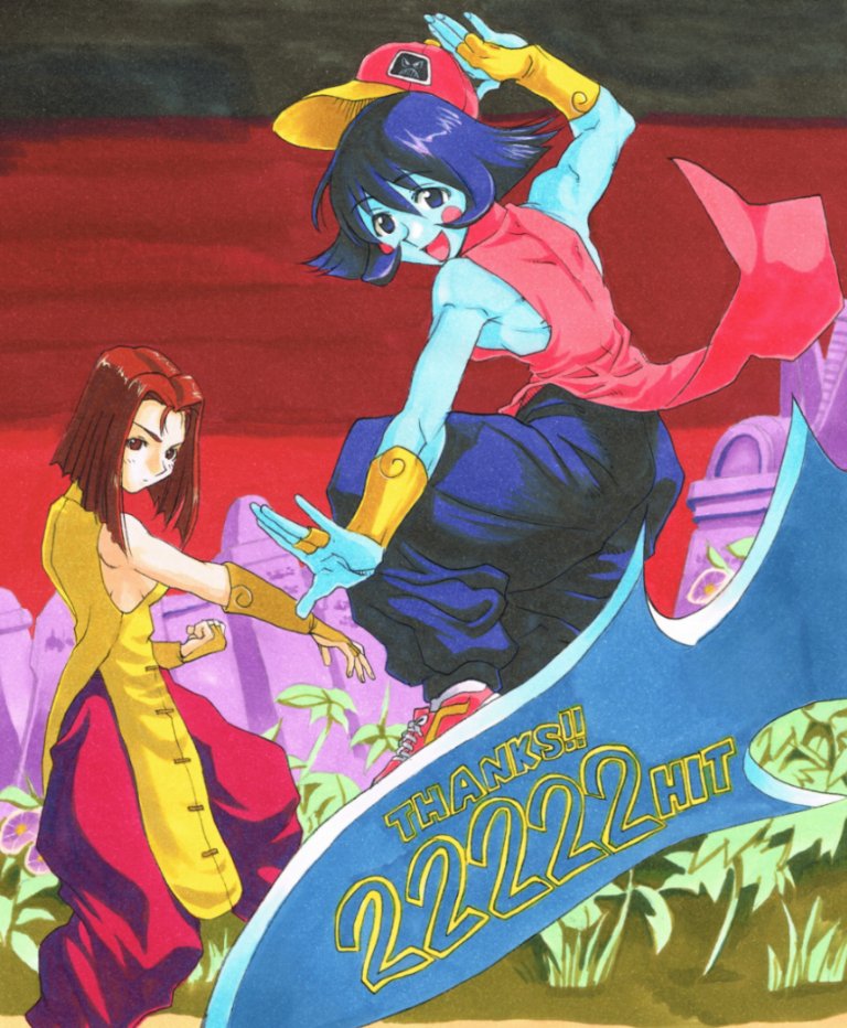 2girls arm_warmers armpits baggy_pants baseball_cap black_hair blue_hair blue_skin brown_hair capcom china chinese_clothes clenched_hand colored_skin cosplay flipped_hair graveyard green_eyes hat jiangshi hsien-ko mei-ling_(darkstalkers) metal multiple_girls pants riding shoes siblings sisters sneakers street_fighter street_fighter_iii_(series) striped_clothes ta_02k traditional_media darkstalkers yang_lee yang_lee_(cosplay) yun_lee yun_lee_(cosplay)