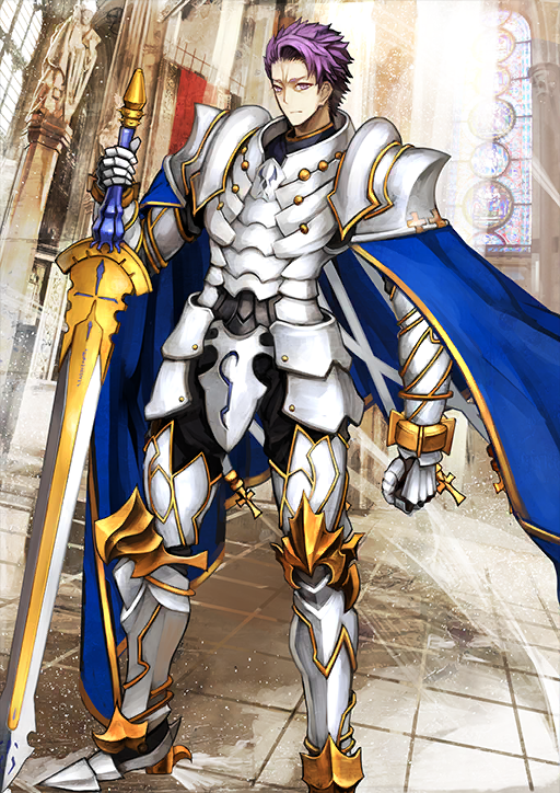1boy arm_at_side armor armored_boots armored_gloves arondight_(fate) black_pants blue_cape boots breastplate cape closed_mouth dutch_angle fate/grand_order fate_(series) faulds foot_out_of_frame hand_on_hilt hand_up lancelot_(fate/grand_order) legs_apart long_sleeves looking_at_viewer male_focus official_art pants pauldrons planted planted_sword planted_weapon purple_eyes purple_hair shimadoriru short_hair shoulder_armor solo standing sword third-party_source variant_set weapon white_armor