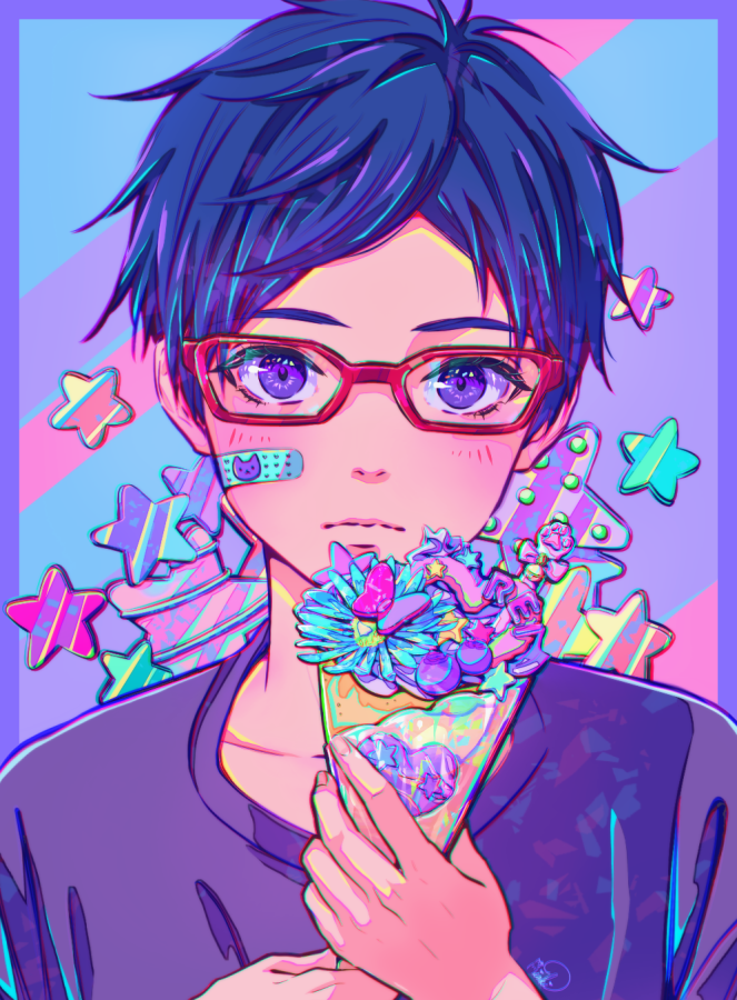 1boy bandaid bandaid_on_face blue_hair blush border cat_paw character_name closed_mouth collarbone colorful commentary crepe food free! glasses hands_up holding holding_crepe holding_food looking_at_viewer male_focus portrait purple_border purple_eyes purple_shirt red-framed_eyewear ryuugazaki_rei shirt solo star_(sky) symbol-only_commentary t-shirt upper_body xrinkix