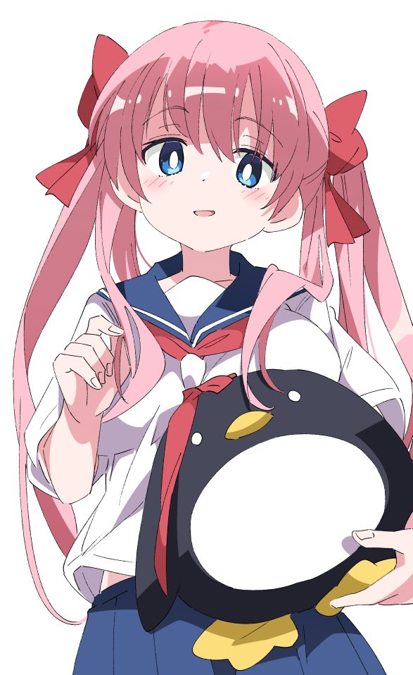 1girl blue_eyes blue_sailor_collar blue_skirt breasts commentary_request etopen haramura_nodoka holding holding_stuffed_toy ixy large_breasts long_hair looking_at_viewer pink_hair sailor_collar saki_(manga) school_uniform serafuku simple_background skirt smile solo stuffed_animal stuffed_penguin stuffed_toy twintails white_background